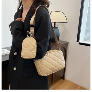 Trendy quilted crossbody bag set for women, PU leather messenger bag with detachable pouch.