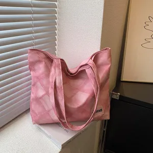 Korean style pink plaid canvas tote bag, large capacity casual shoulder bag for daily use.