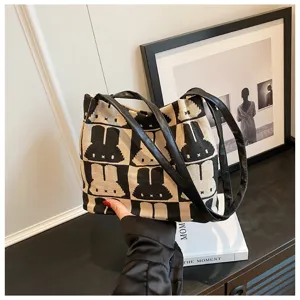 Fashion knitted tote bag for women, cute rabbit pattern black and white shoulder bag