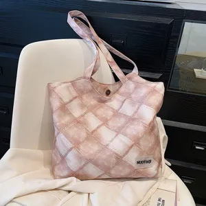 Korean style large capacity canvas tote bag with retro diamond pattern and magnetic closure.
