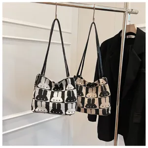 Black and white knitted rabbit pattern tote bag stylish shoulder bag casual large capacity.