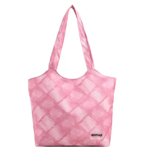 Pink quilted tote bag for women, large capacity shoulder bag for daily casual or school use.