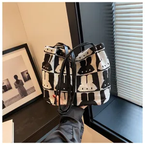 Fashionable black and white knit tote bag with cute rabbit pattern, casual shoulder bag.