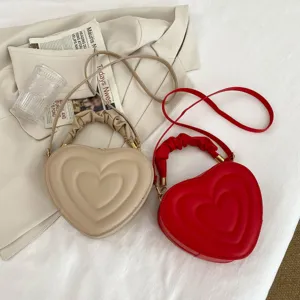 Chic heart-shaped crossbody shoulder bags with pleated handle, stylish women PU handbags