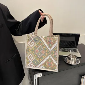 Ethnic style canvas tote bag, large capacity shoulder handbag for women, autumn fashion bag.