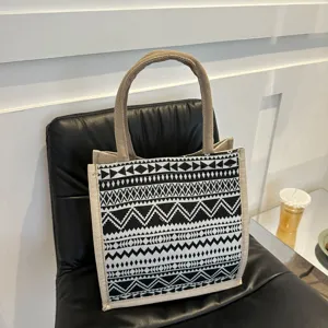 Ethnic style large capacity canvas tote bag, black and white geometric shoulder handbag.