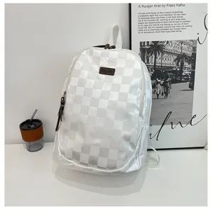 White checkerboard backpack stylish student casual bookbag travel daypack for men and women