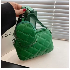 Green quilted crossbody bag with coin purse, stylish PU leather shoulder bag for women.