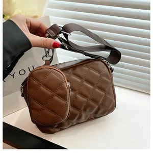 Brown quilted crossbody bag with coin purse, stylish PU leather shoulder bag for daily use.