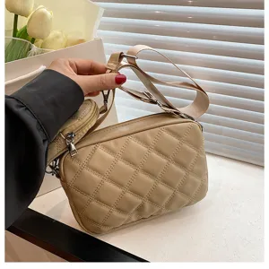 Stylish beige quilted crossbody bag with coin pouch, premium PU leather shoulder bag.