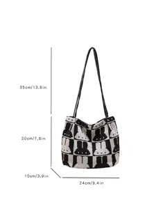 Black and white knit tote bag with cute rabbit pattern, spacious casual shoulder bag for women.