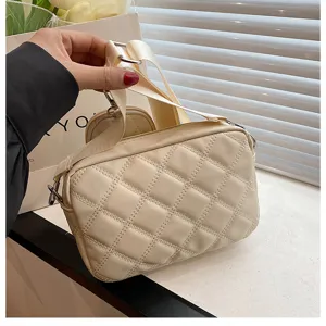 Beige quilted crossbody bag with a small pouch strap, trendy PU shoulder bag for women.