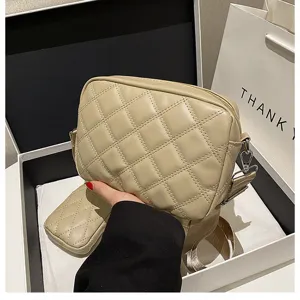 Beige quilted crossbody bag with a small pouch, stylish PU leather daily shoulder bag.