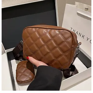Brown quilted crossbody bag with coin purse, PU leather chic shoulder bag for women.
