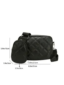 Black quilted crossbody bag with small detachable pouch, PU leather shoulder bag with dimensions.