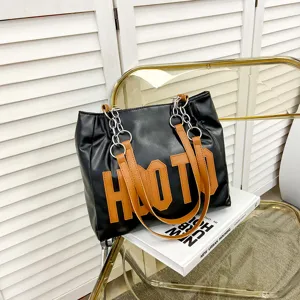 Womens PU Leather Tote Bag Large Capacity Casual Shoulder Bag With Chain And Letter Print Fashion Handbag
