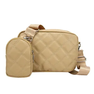 Beige quilted crossbody bag with detachable small pouch, stylish PU leather shoulder bag.