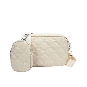 White quilted crossbody bag, stylish PU leather shoulder handbag with small coin pouch.