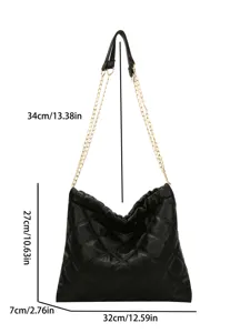 Black quilted shoulder bag with chain strap, large capacity bucket bag for women stylish.