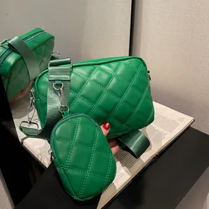 Green quilted crossbody bag for women, PU leather shoulder bag with small coin purse.