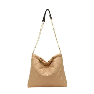 Women quilted shoulder bag large capacity beige chain strap hobo bag fashion trendy purse