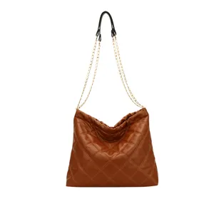 Brown quilted shoulder bag for women, large capacity stylish chain bucket bag for autumn winter.