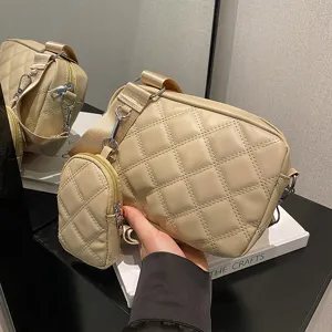 Beige Quilted PU Leather Crossbody Shoulder Camera Bag with Small Coin Pouch Style