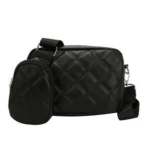Black quilted crossbody bag with coin purse, trendy PU leather shoulder bag for women.