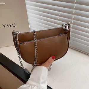 Women brown retro saddle bag hobo bag chic PU leather shoulder bag with metal chain strap