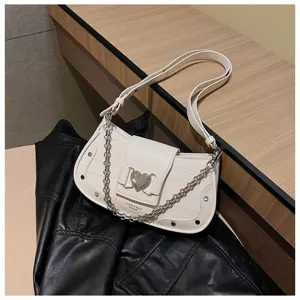 White faux leather shoulder bag with chic chain strap and heart buckle, trendy daily accessory.