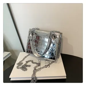 Detailed view of metallic silver crocodile pattern shoulder bag with chain strap on book prop.