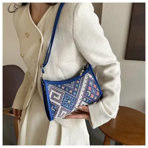 Ethnic geometric pattern underarm shoulder bag detail showing textured woven fabric and blue trim.