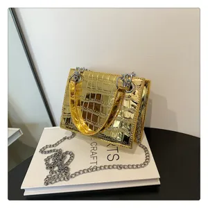 Shiny gold crocodile pattern chain shoulder bag fashion metallic crossbody handbag for women