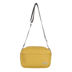 Yellow PU leather small crossbody bag with wide strap, minimalist daily shoulder bag detail.