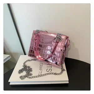 Pink holographic metallic crocodile pattern crossbody chain bag fashion casual shoulder bag for women