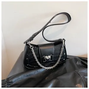 Stylish black faux leather shoulder bag with crocodile pattern, metal heart buckle and chic chain.