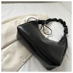Black faux leather shoulder bag for women, trendy scrunchie strap underarm hobo bag.