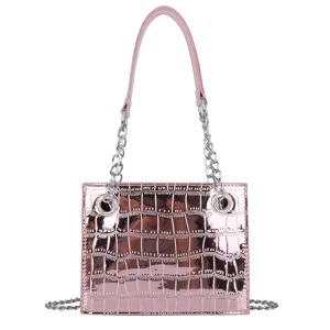 Pink metallic crocodile pattern handbag with chain strap, stylish casual crossbody small square bag.