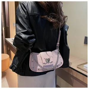 French niche chain underarm bag for women, stylish pink crocodile pattern shoulder bag.