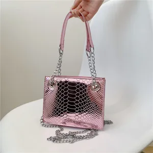 Sac à bandoulière rose effet serpent métallique élégant sac à main chaîne pour femmes chic