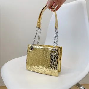 Sac à main métallisé doré motif crocodile élégant sac bandoulière chaîne pour femme