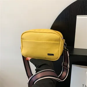 Women PU leather crossbody bag stylish wide strap shoulder camera bag yellow casual purse handbag