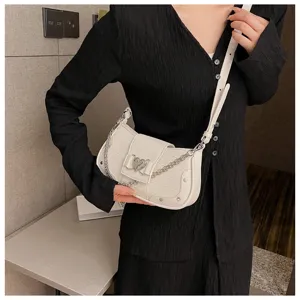 Chic white faux leather shoulder bag with chain strap and heart buckle for women stylish daily use