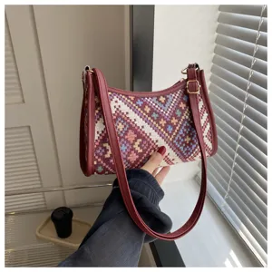 Ethnic style geometric woven underarm bag stylish autumn shoulder handbag for women