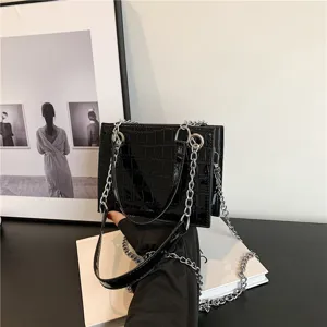 Womens Fashion Stone Pattern PU Leather Shoulder Bag Sweet Cool Chain Crossbody Bag Laser Small Square Handbag
