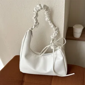 White pleated hobo shoulder bag for women, stylish cloud underarm purse with strap.