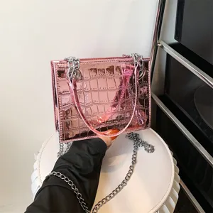 Pink metallic crocodile pattern crossbody bag with chain strap, stylish trendy purse.