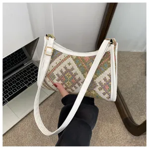 Ethnic Woven Geometric Underarm Shoulder Bag Vintage Casual PU Leather Handbag for Women