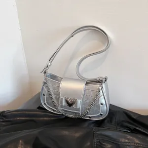 Silver crocodile pattern shoulder bag underarm baguette bag with metallic heart buckle for women