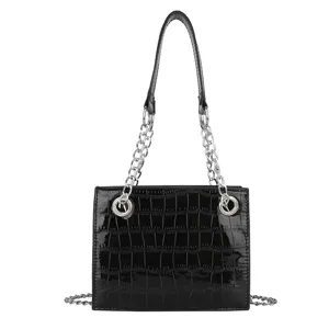 Black crocodile texture patent leather chain shoulder bag stylish chic women crossbody handbag.